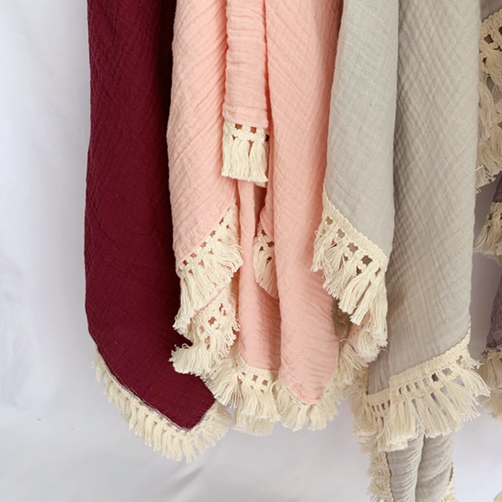 Cotton Muslin Baby Swaddle Blanket with Tassels