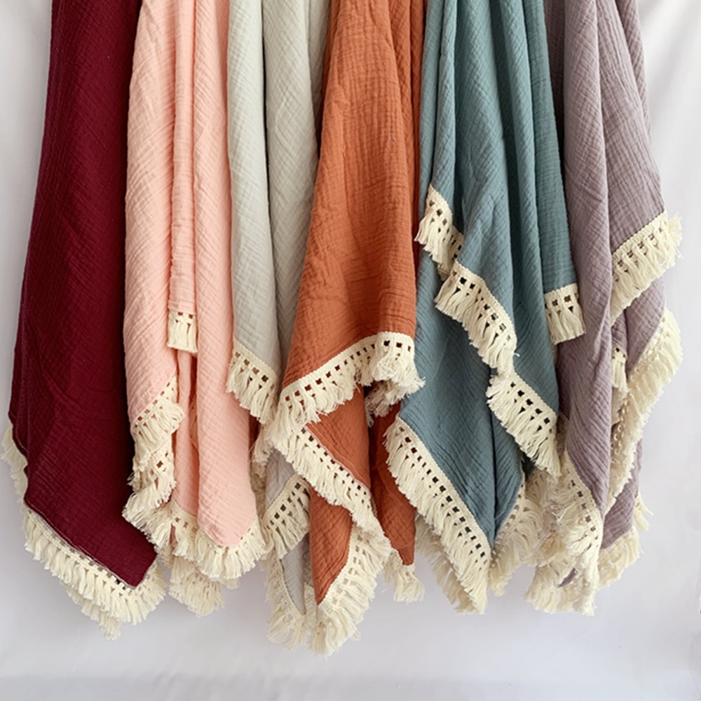 Cotton Muslin Baby Swaddle Blanket with Tassels