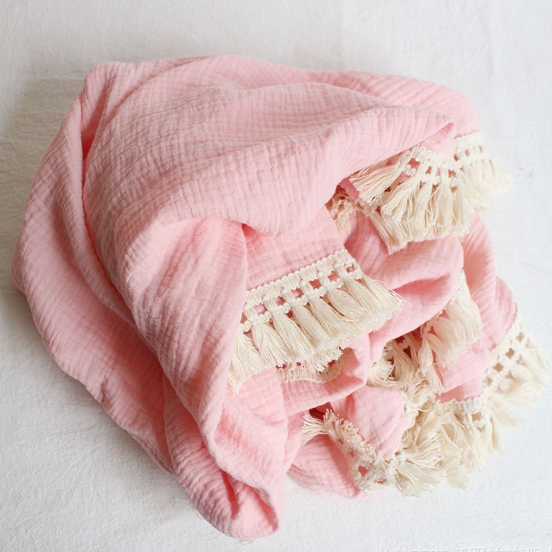 Cotton Muslin Baby Swaddle Blanket with Tassels