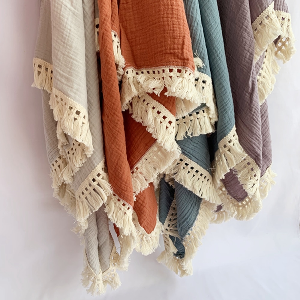 Cotton Muslin Baby Swaddle Blanket with Tassels