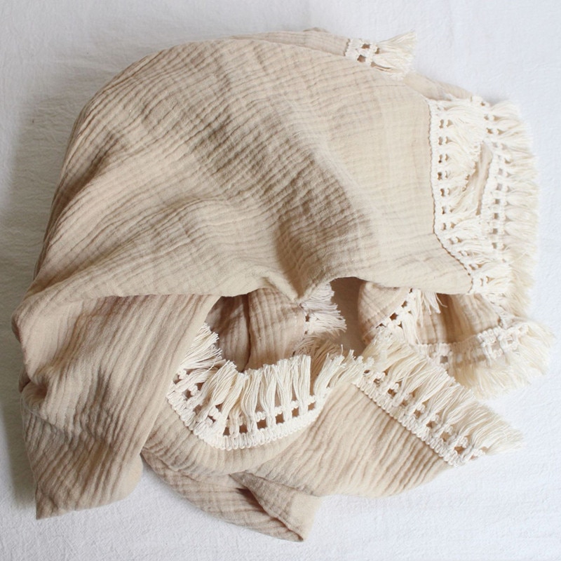 Cotton Muslin Baby Swaddle Blanket with Tassels