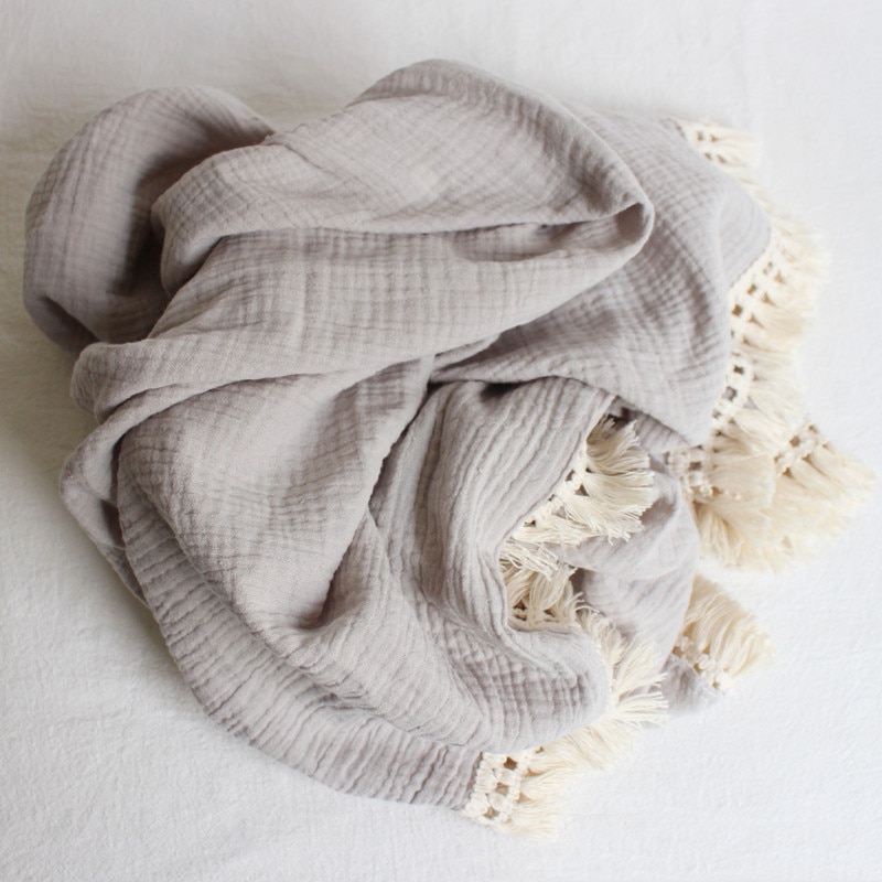Cotton Muslin Baby Swaddle Blanket with Tassels
